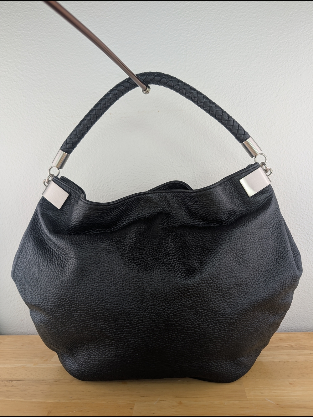Halogen Black Pebbled Leather Hobo Shoulder Bag Braided Handle Silver Hardware
